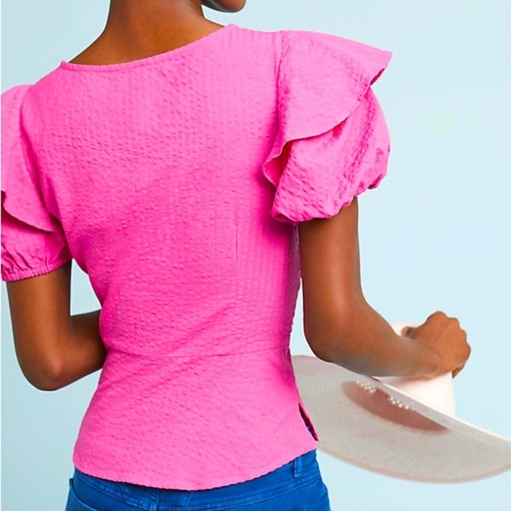 NWT 16 Tracy Reese Anthropologie pink surplice puff-sleeve ruffle Effortless - Picture 2 of 8